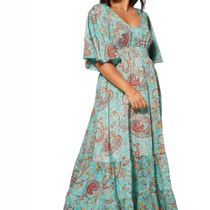 Longue Robe évasée Turquoise à motifs bohèmes – MAXIPA3081A