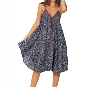 Robe mi-longue ample Bleu marine à fleurs blanches – RLIP0272C