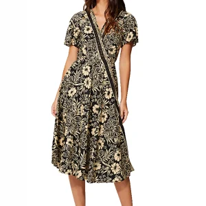 Robe mi-longue noire et crème à manches courtes – RLIP2001G