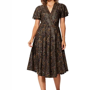 Robe mi-longue noire et or à manches courtes – RLIP2001E