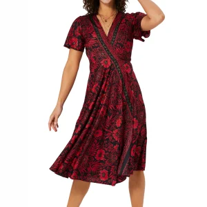 Robe mi-longue noire et rouge à manches courtes – RLIP2001D