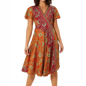 Robe mi-longue orange et rouge à manches courtes – RLIP2001C