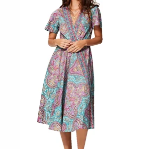 Robe mi-longue bleue et rose à manches courtes – RLIP2001A