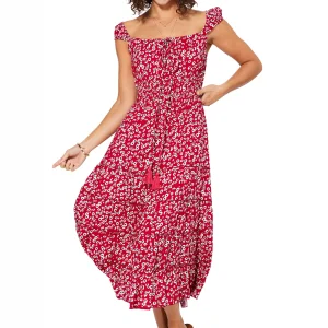 Robe Rouge à fleurs blanches à col bateau – MAXIPAV0012B