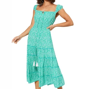 Robe Vert turquoise à fleurs blanches à col bateau – MAXIPAV0012A