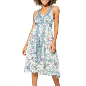 Robe mi-longue Blanche à fleurs à dos nageur – RLIP0283B