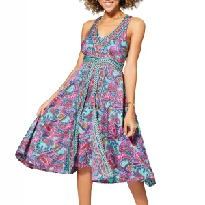 Robe mi-longue Bleue et fuchsia à dos nageur – RLIP0283A