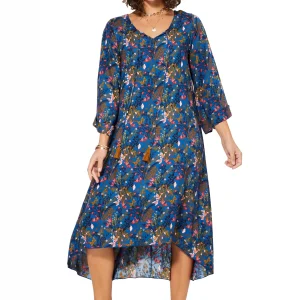 Robe ample à manches longue Bleue à fleurs – MAXIPAV0020B