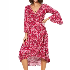 Robe mi-longue à manches longue Rouge à fleurs – MAXIPAV0022A