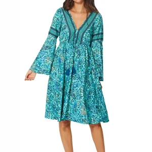 Robe bohème mi-longue turquoise à manches longues – RLIP0603B