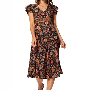 Robe bohème mi-longue Noire à fleurs colorées – RLIP0295C