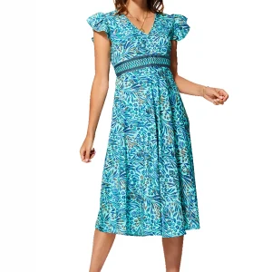 Robe bohème mi-longue Turquoise à motifs – RLIP0295A