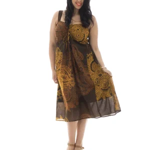 Robe mi-longue marron motif jaune – ROP0141C