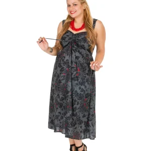 Robe grise avec fleurs noir et rouge – ROP0159C