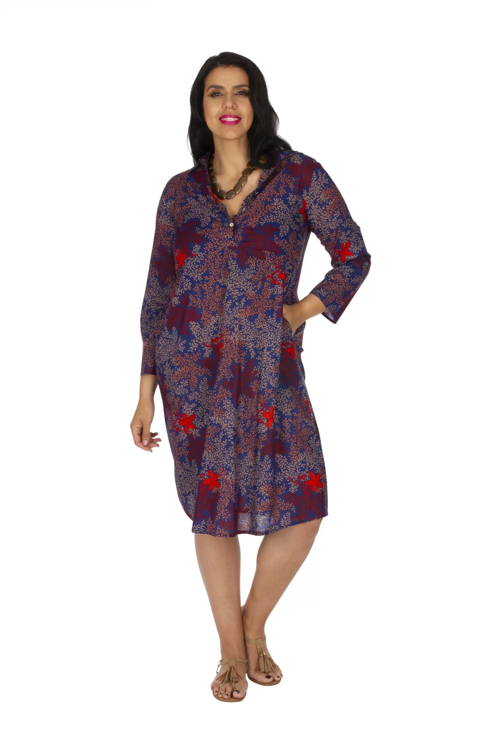 Robe bleu motif végétal- ROP0161D