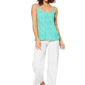 Top ample à bretelles Vert turquoise à fleurs blanches – TIPV0001B