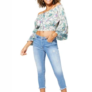 Top court à col bateau Blanc fleuri – TIP0044A